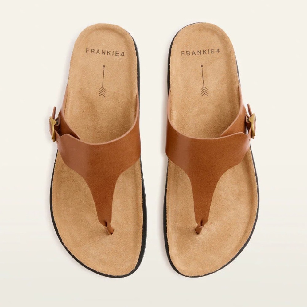 Frankie4 Farrow Tan T-Strap Thong Sandals‎ Brown Leather Size 6